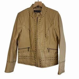 PAMELA McCOY Leather Jacket Studded Tan Small Zip Up Band Moto Rock Going Out